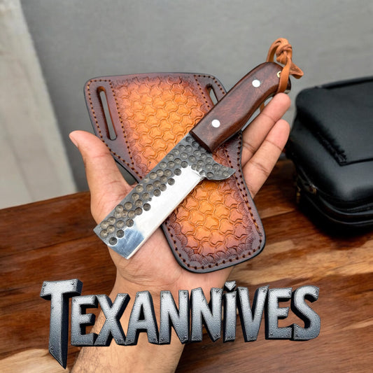 Custom Bull Cutter Knife with hand forged steel blade, rosewood handle, and leather sheath