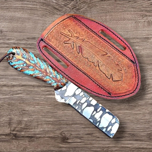 Custom Bull Cutter knife featuring J2 steel blade and leather sheath