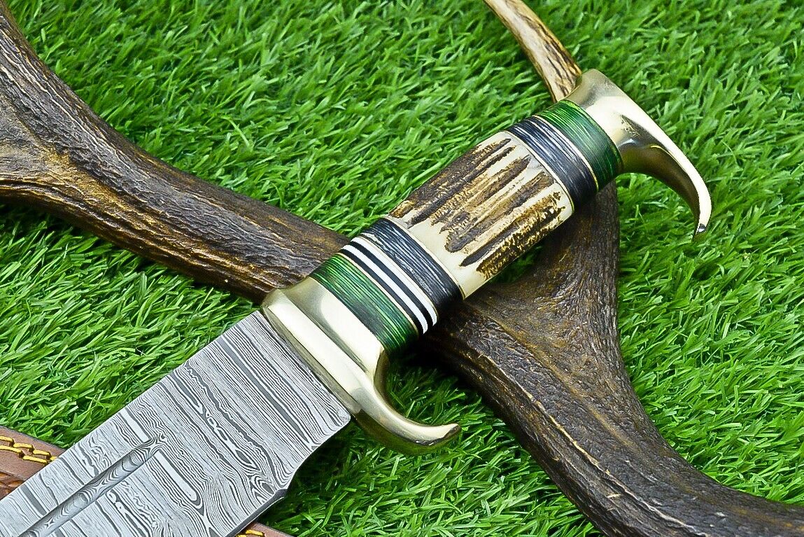 Custom Damascus Bowie Knife with Stag Horn Handle in Leather Sheath