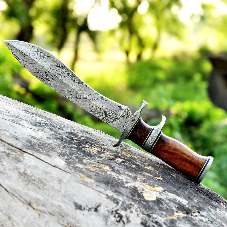 Custom Damascus Steel Bowie Knife with Rosewood Handle and Damascus Steel Guard
