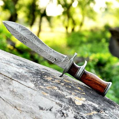 Custom Damascus Steel Bowie Knife with Rosewood Handle and Damascus Steel Guard