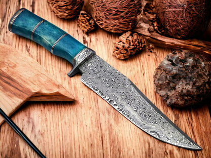 Custom Damascus Steel Confederate Bowie Knife with Leather Sheath – Perfect Gift Item.