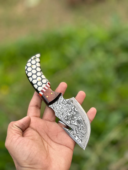 Custom Damascus guthook skinning knife with a rosewood and resin handle, perfect gift item with leather sheath