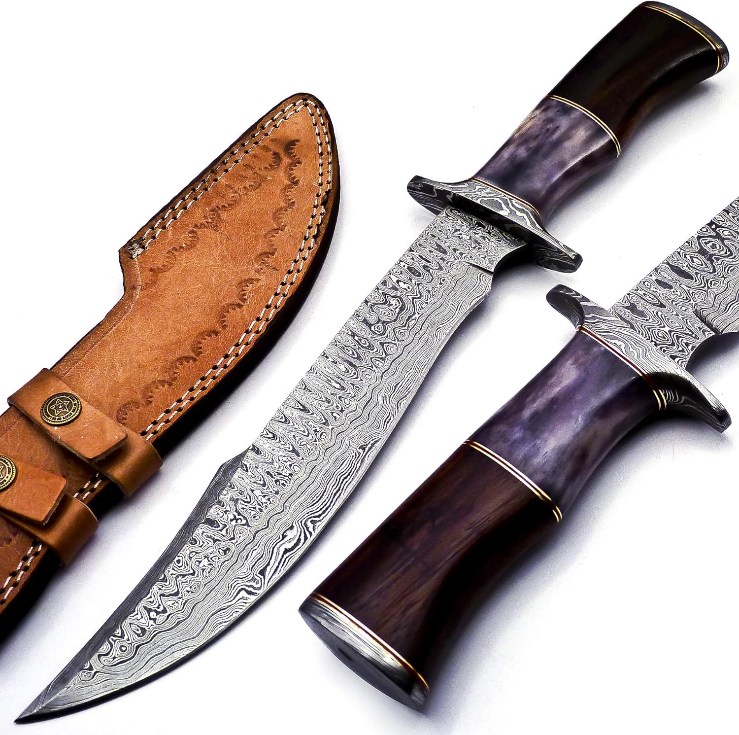 "Custom Damascus steel hunting knife with color bone handle and leather sheath"