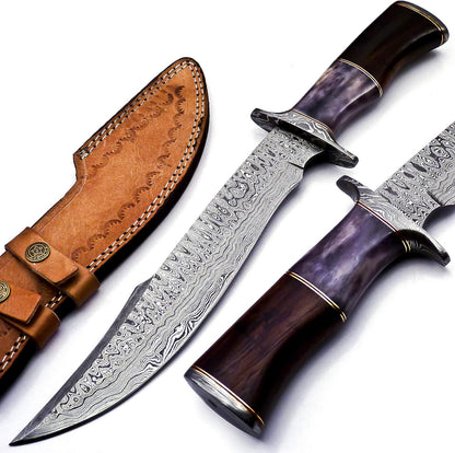 "Custom Damascus steel hunting knife with color bone handle and leather sheath"
