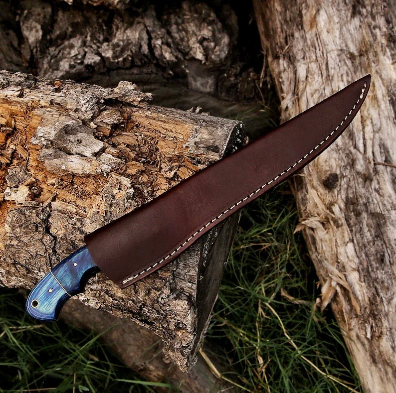 Custom Fillet Knife with Damascus Steel Blade and Leather Sheath