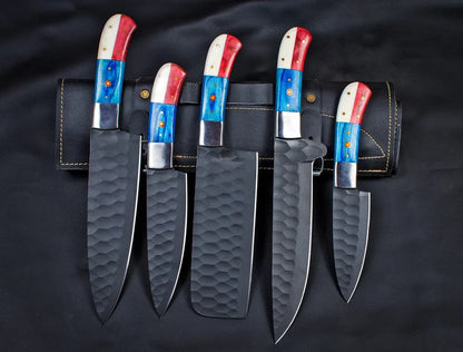 Custom Hand Forged Carbon Steel Chef’s Knife Set – 5 PCS BBQ & Kitchen Knives | Best Anniversary Gift for Him
