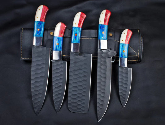 Custom Hand Forged Carbon Steel Chef's Knife Set - 5 PCS with Ergonomic Handles