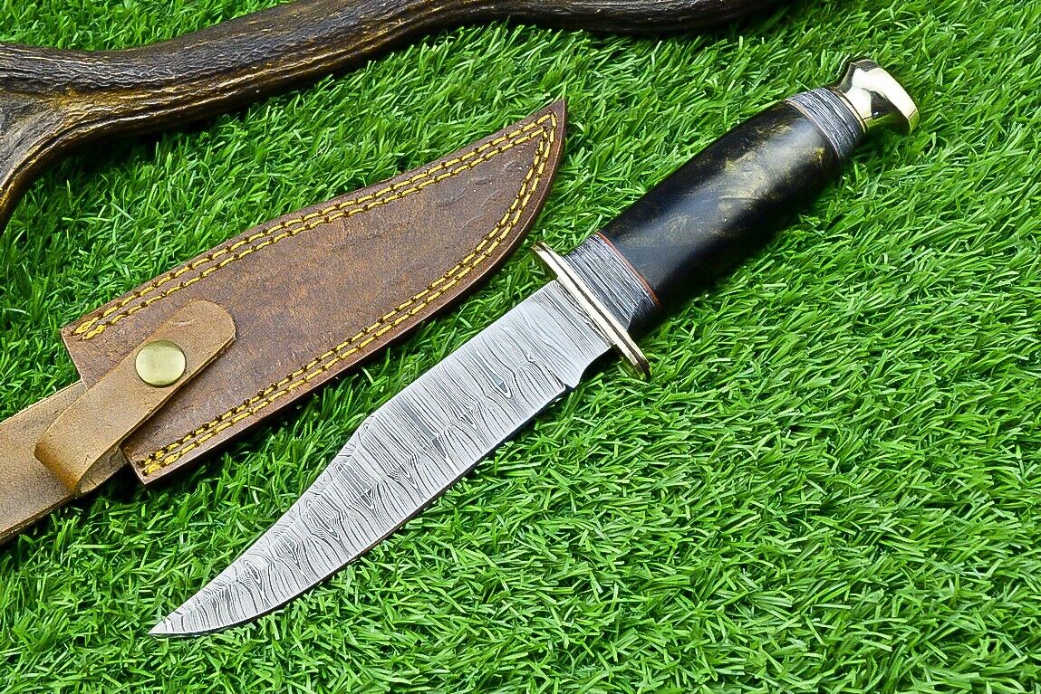 Western Boulder Colorado Knife – 13" Handmade Damascus Steel Blade with Resin & Brass Guard Handle + Leather Sheath

