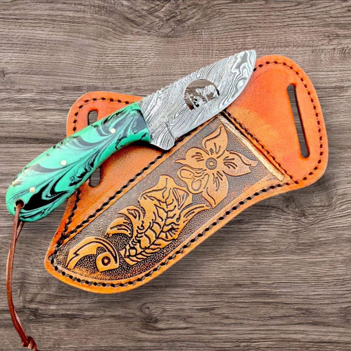 "Custom Handmade Bull Cutter Knife with Damascus Steel Blade and Resin Handle
