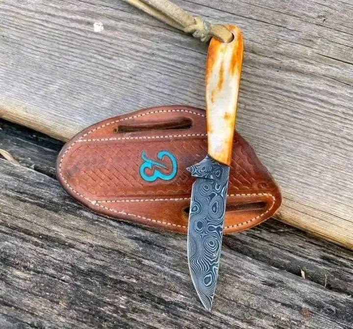 "Custom Handmade Damascus Belt Knife with Camel Bone Handle and Leather Sheath