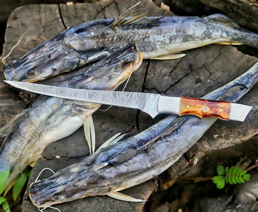 "Custom Handmade Damascus Filleting Knife with Camel Bone Handle and Leather Sheath