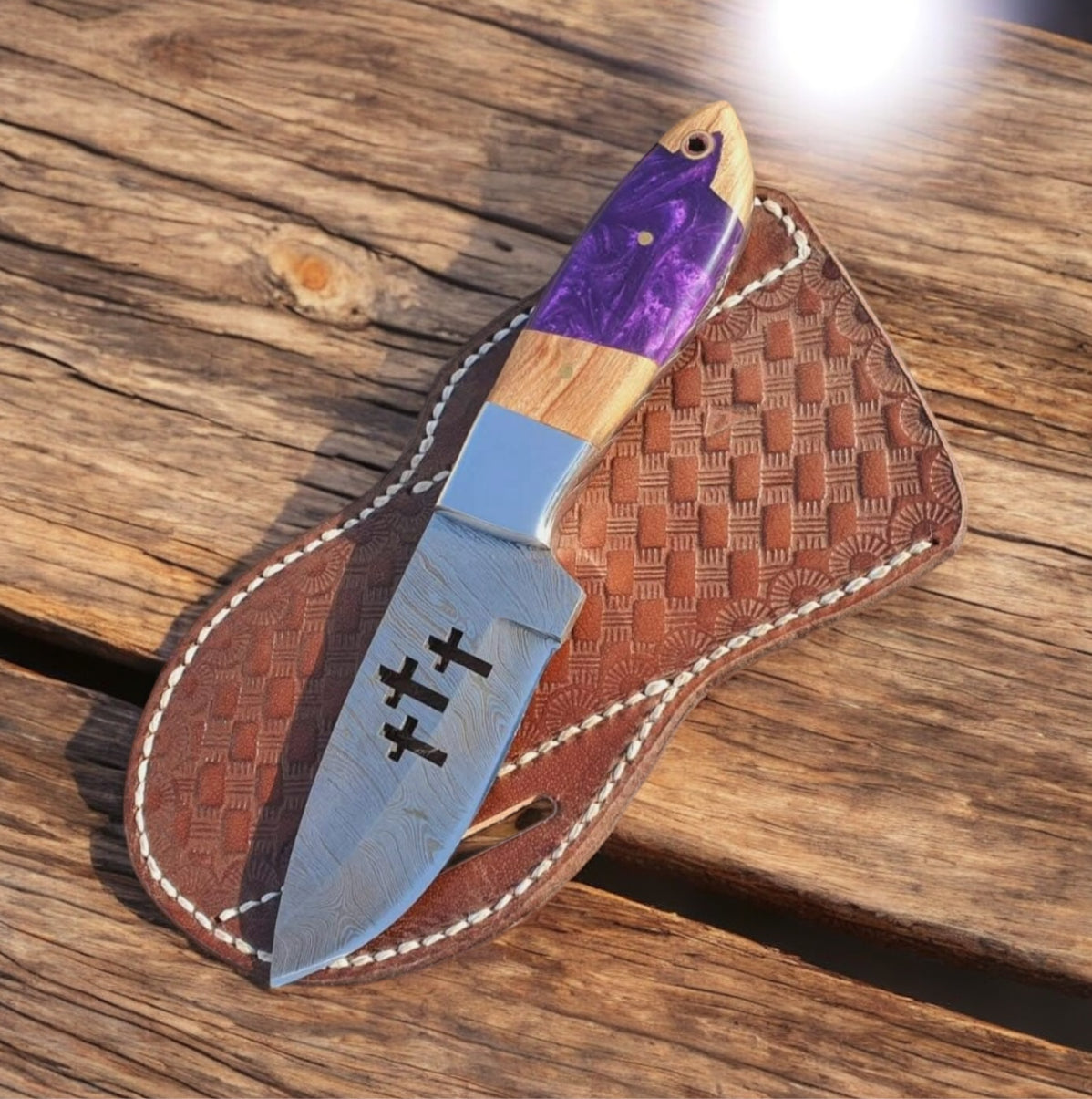 Custom Handmade Damascus Skinner Knife with Olive Wood Handle and Leather Sheath – 8" Blade







