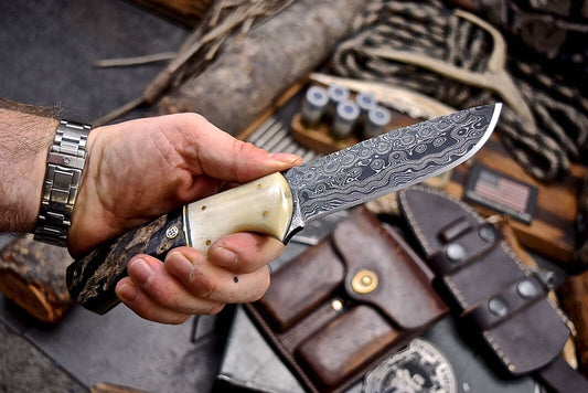 Custom Handmade Damascus Skinning Knife with 4.5-inch Blade, Camel Bone and Sheep Horn Handle, Leather Sheath Included