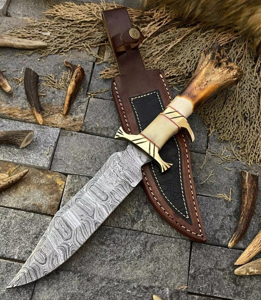 "Custom Handmade Damascus Steel Bowie Knife with 13-inch blade, bone handle, brass guard, and leather sheath