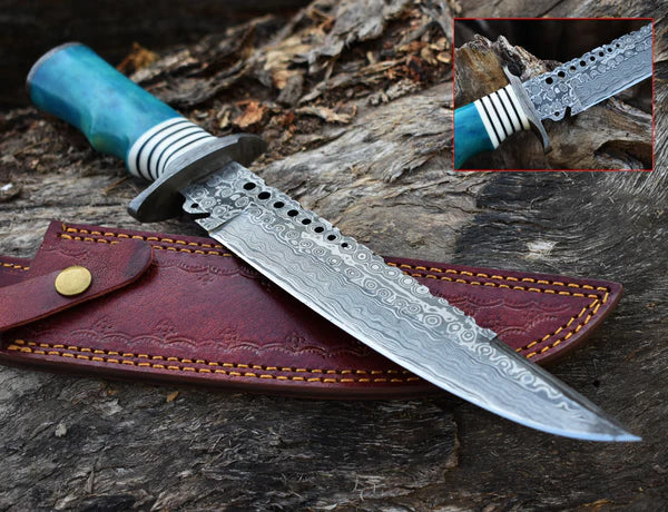 Custom Handmade Damascus Steel Civil War Bowie Knife with a Classic Camel Bone Handle.