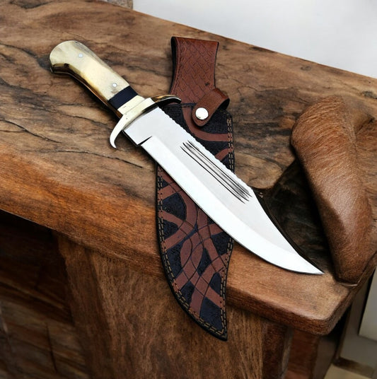 Custom Handmade David Bowie Knife with 15" J2 Steel Blade, Brass Guard, and Camel Bone Handle – Includes Leather Sheath with Belt Loop.







