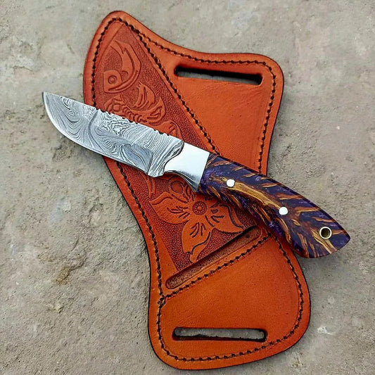 Custom Handmade Fixed Blade Cowboy Knife – Damascus Steel Pine Cone Handle

