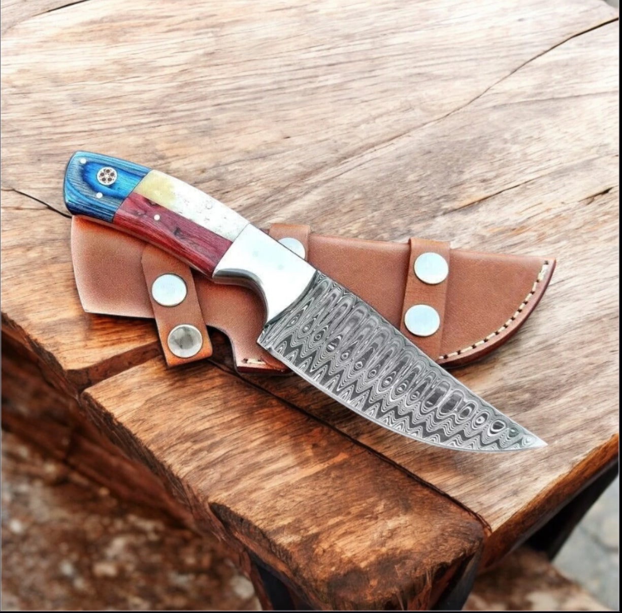 Custom Handmade Texas Flag Damascus Steel Hunting Knife with Exotic Wood-Bone Handle and Leather Sheath

