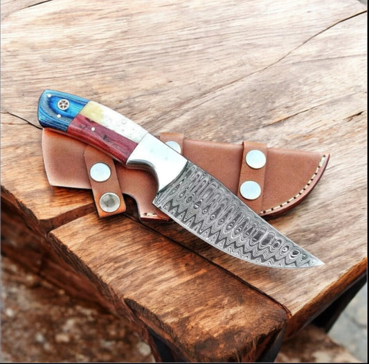 Custom Handmade Texas Flag Damascus Steel Hunting Knife with Exotic Wood-Bone Handle and Leather Sheath

