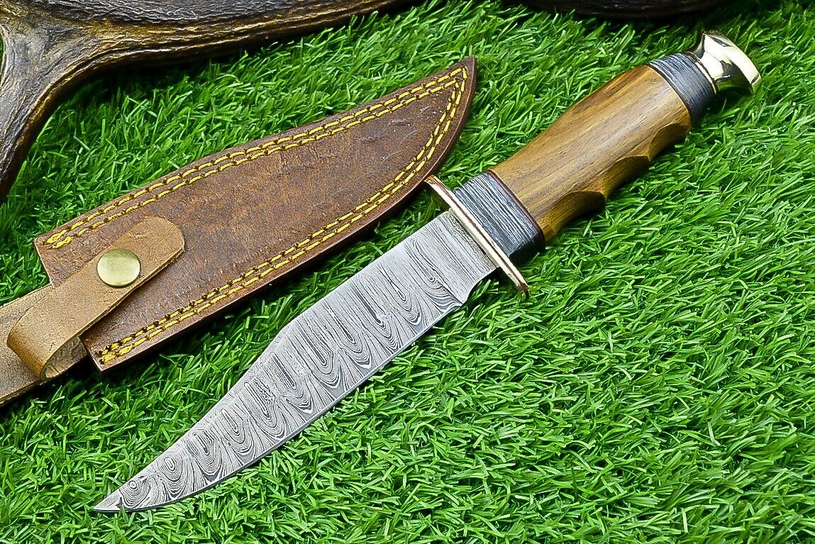 Western Boulder Colorado Knife – 11" Handmade Damascus Steel Blade with Olive Wood Handle & Leather Sheath

