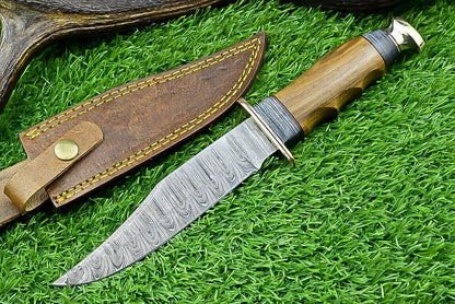 Western Boulder Colorado Knife – 11" Handmade Damascus Steel Blade with Olive Wood Handle & Leather Sheath

