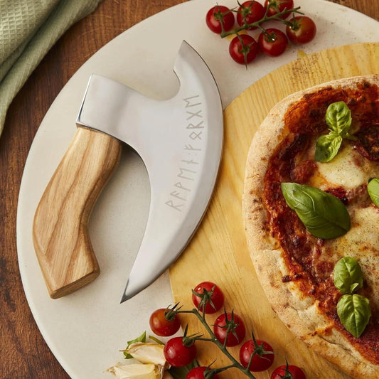 Custom ax pizza cutter with 8-inch J2 steel blade and ash wood handle