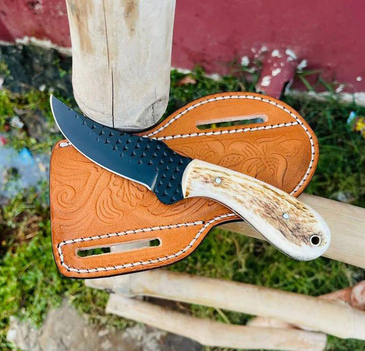 "Custom cowboy bull cutter knife with stag horn handle and leather sheath"
