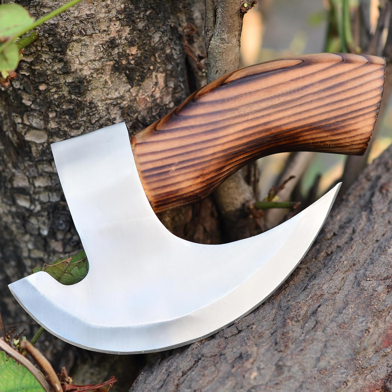 Custom forged pizza cutter with sharp J2 steel blade and ergonomic wood handle