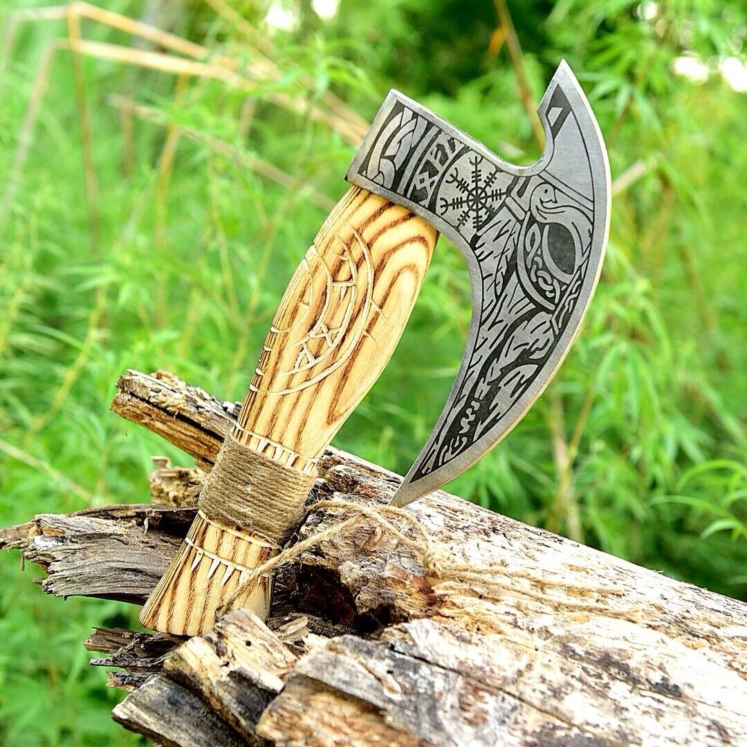 Custom hand-engraved ax pizza cutter with 8-inch J2 steel blade and ash wood handle