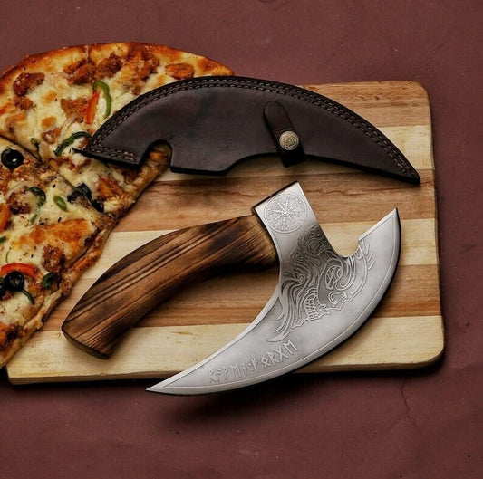 Custom hand-engraved axe pizza cutter with 8-inch J2 steel blade