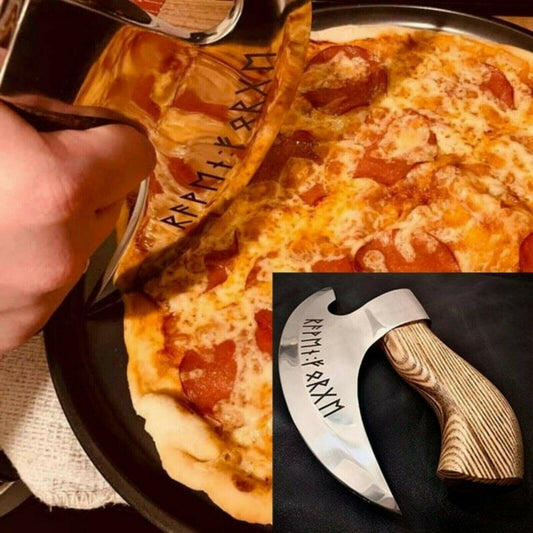 Custom hand-engraved axe pizza cutter with J2 steel blade