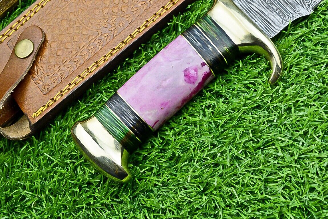 "Custom handcrafted Damascus bowie knife with resin pakkawood handle and leather sheath