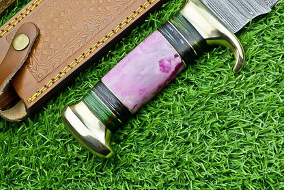 "Custom handcrafted Damascus bowie knife with resin pakkawood handle and leather sheath