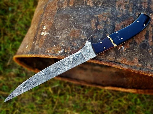 Custom handmade 13-inch Damascus steel knife for filleting fish with buffalo horn handle