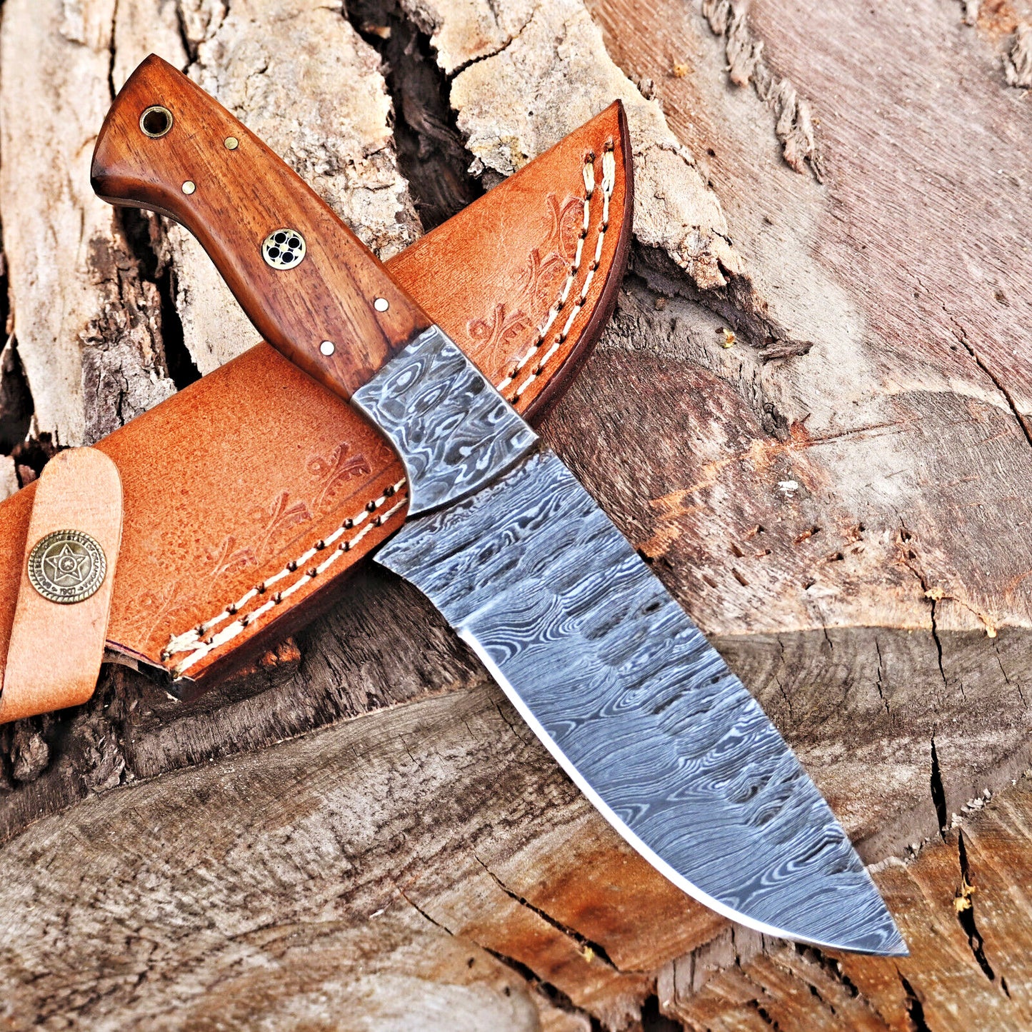 Custom handmade 5-inch Damascus steel skinning knife with rosewood handle and Damascus bolster, ideal for hunting and precision skinning