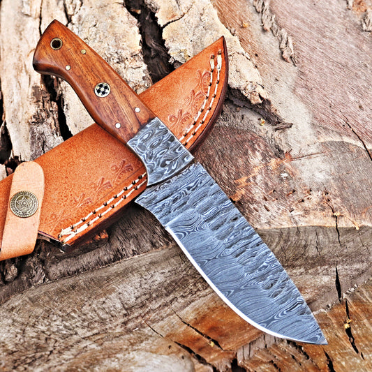 Custom handmade 5-inch Damascus steel skinning knife with rosewood handle and Damascus bolster, ideal for hunting and precision skinning