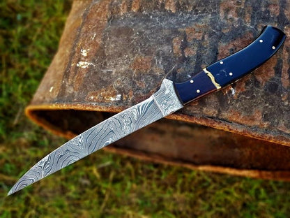 Custom handmade Damascus fillet knife for fish with buffalo horn and rosewood handle