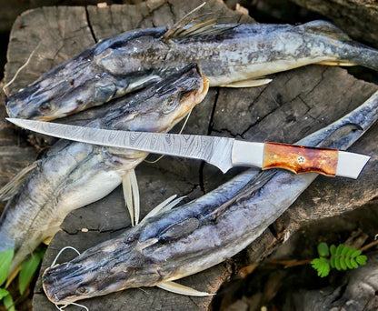 Custom Handmade Damascus Filleting Knife – 13" Camel Bone Handle with Leather Sheath