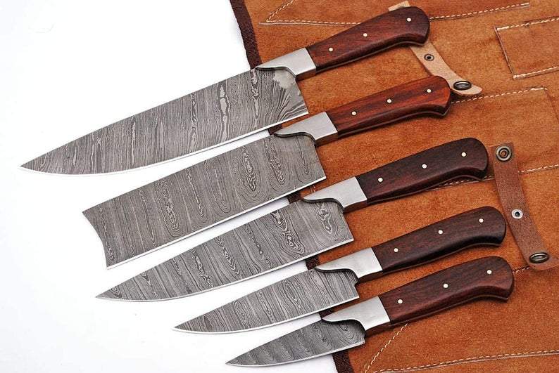 Best Japanese Cutlery Set – 13" Handmade Damascus Chef Knife with Bone & Rosewood Handle + Leather Sheath
