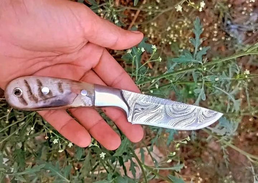 "Custom handmade Damascus knife with sheep horn handle and leather belt sheath