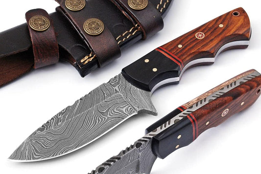 Custom handmade Damascus skinner knife with a 4.5-inch blade, buffalo horn and rosewood handle, designed for precision skinning and outdoor use