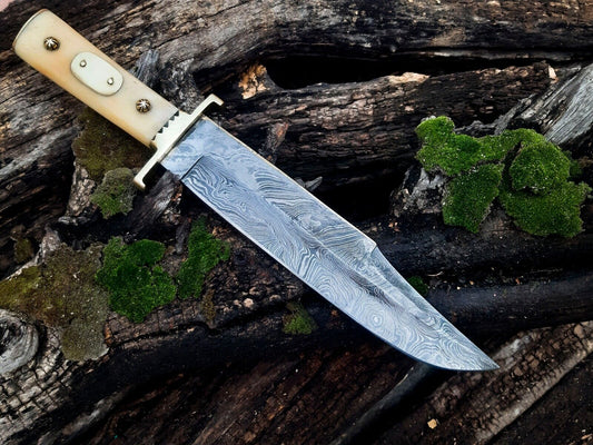 "Custom handmade Damascus steel cowboy bowie knife with camel bone handle"