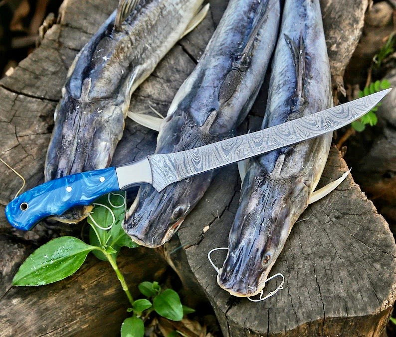 Custom handmade Damascus steel fillet knife with resin handle steel bolster and leather sheath