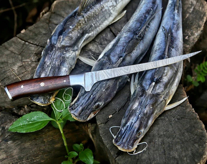 Custom handmade Damascus steel fillet knife with rosewood handle steel bolster and leather sheath