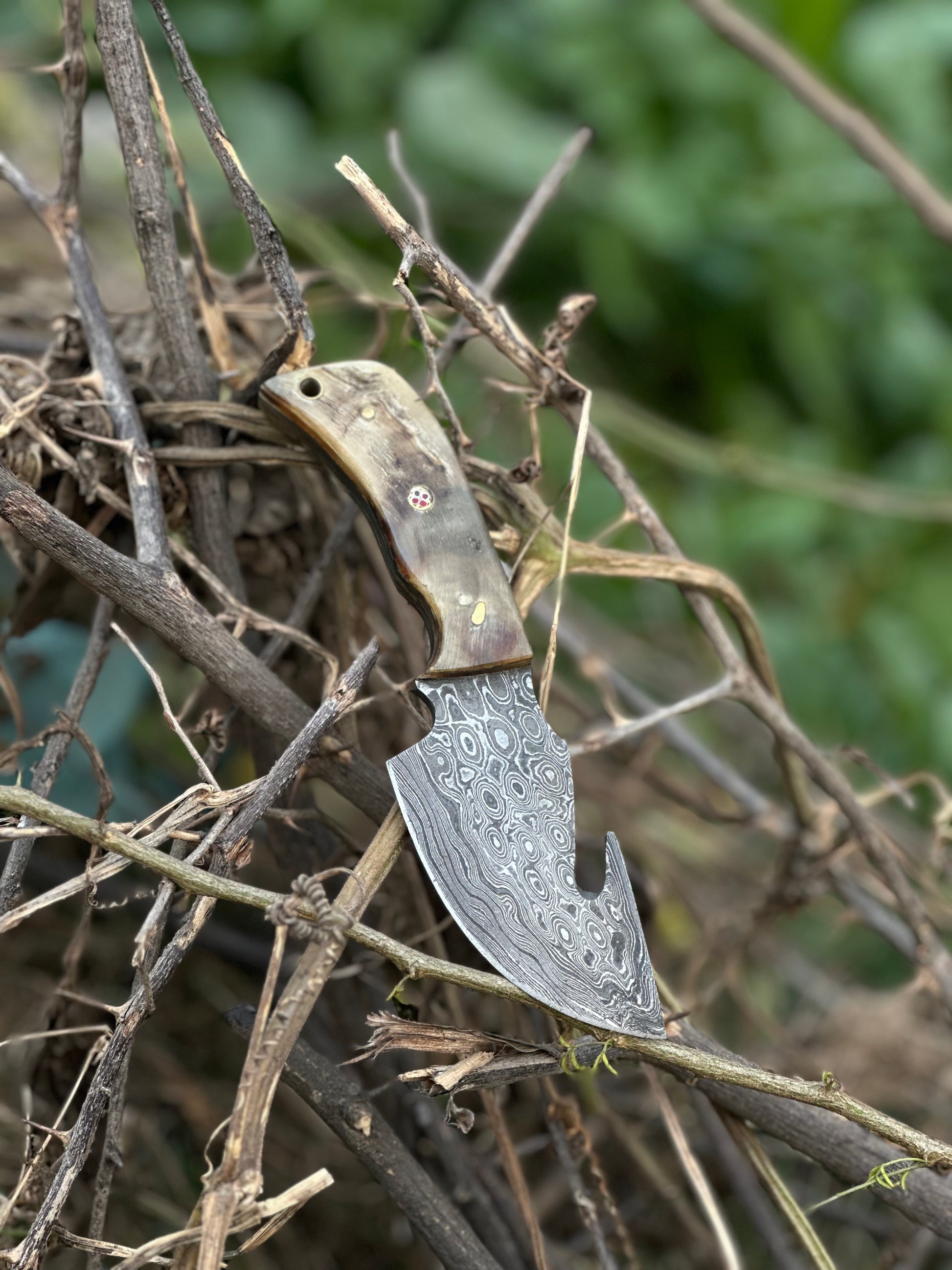 Custom handmade Damascus steel guthook skinning knife with sheep horn handle and leather sheath