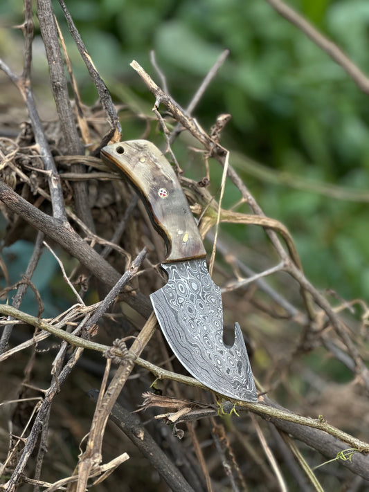 Custom handmade Damascus steel guthook skinning knife with sheep horn handle and leather sheath