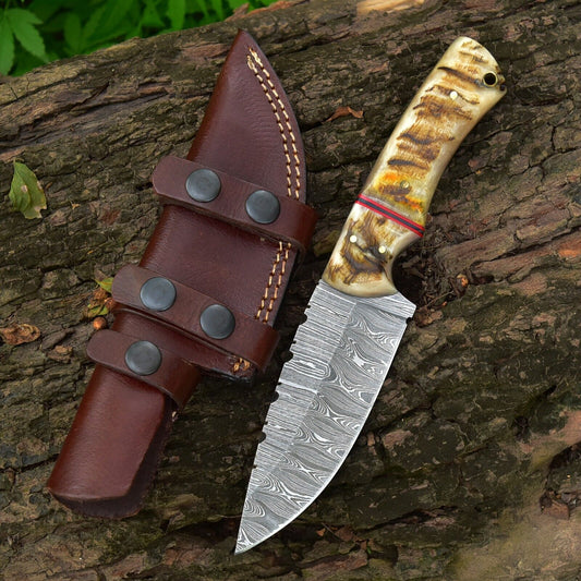 Custom handmade Damascus steel skinner knife with a sheep horn handle