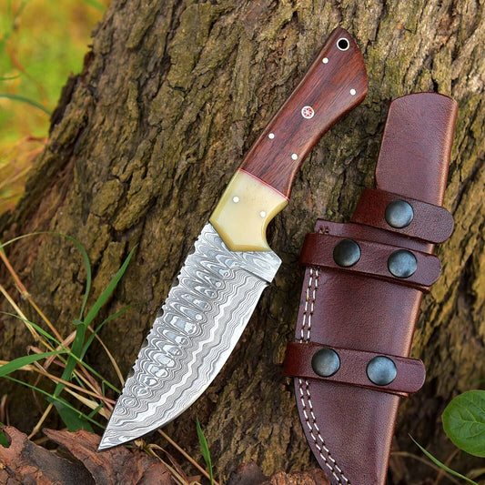 Custom handmade Damascus steel skinning knife with 4.5-inch blade, camel bone and rosewood handle