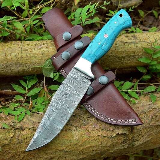 Custom handmade Damascus steel skinning knife with 4.5-inch blade, resin handle, and steel bolster, ideal for precise skinning and hunting tasks